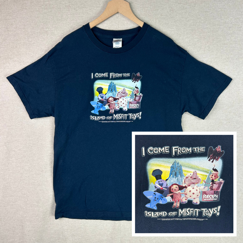 Vintage Mens Island of Misfit Toys Rudolph Graphic T-shirt Size L Parody‎ Funny